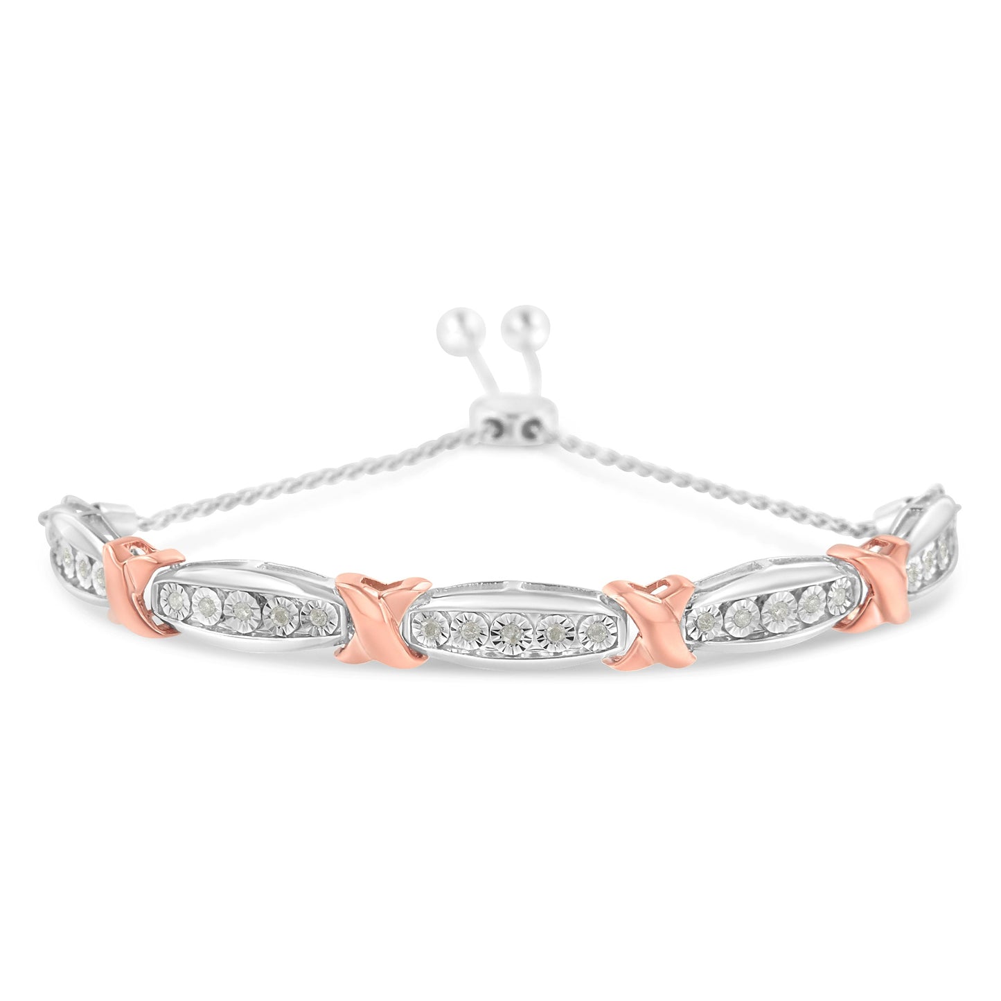 .925 Sterling Silver 1/4 Cttw Round-Cut Diamond X & Tapered Bar Miracle-Set Bolo Bracelet (I-J Color, I3 Clarity) - Two Tone Rose Gold & Silver Bids.com