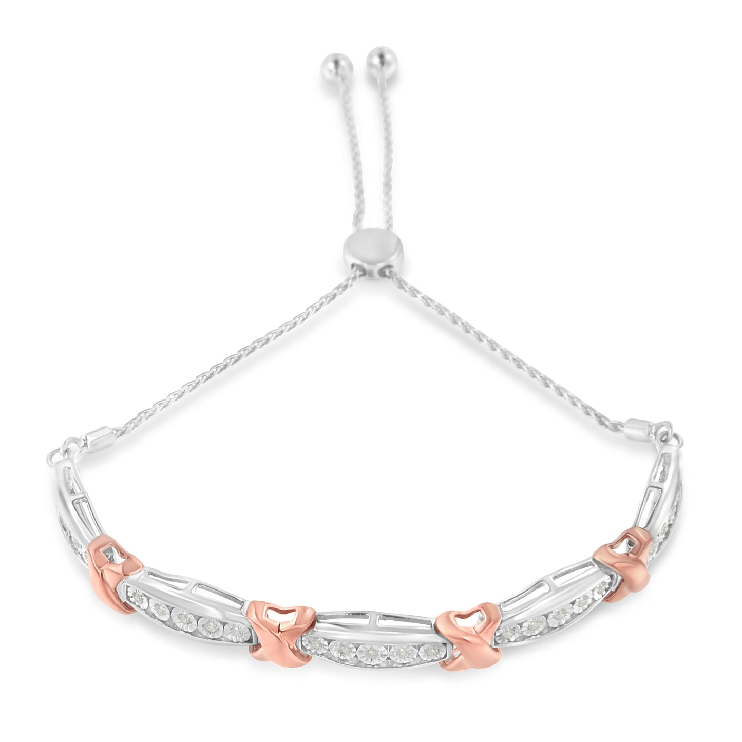 .925 Sterling Silver 1/4 Cttw Round-Cut Diamond X & Tapered Bar Miracle-Set Bolo Bracelet (I-J Color, I3 Clarity) - Two Tone Rose Gold & Silver Bids.com