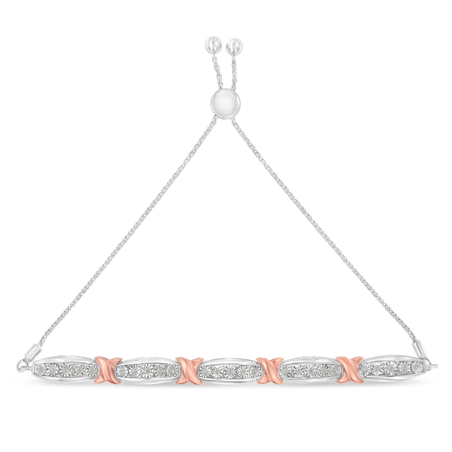 .925 Sterling Silver 1/4 Cttw Round-Cut Diamond X & Tapered Bar Miracle-Set Bolo Bracelet (I-J Color, I3 Clarity) - Two Tone Rose Gold & Silver Bids.com
