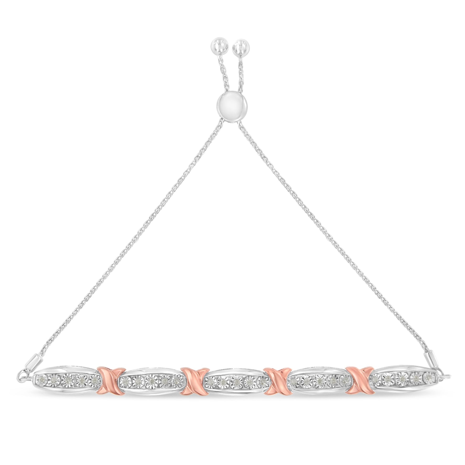.925 Sterling Silver 1/4 Cttw Round-Cut Diamond X & Tapered Bar Miracle-Set Bolo Bracelet (I-J Color, I3 Clarity) - Two Tone Rose Gold & Silver Bids.com