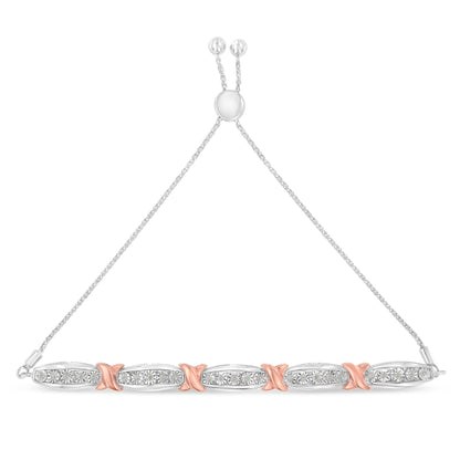 .925 Sterling Silver 1/4 Cttw Round-Cut Diamond X & Tapered Bar Miracle-Set Bolo Bracelet (I-J Color, I3 Clarity) - Two Tone Rose Gold & Silver Bids.com
