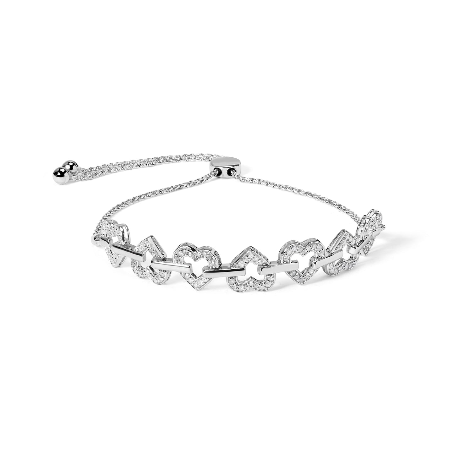 .925 Sterling Silver 1/2 Cttw Diamond Alternating Heart Link Adjustable Bolo Bracelet (I-J Color, I3 Clarity) - 4" to 10" Inches Bids.com