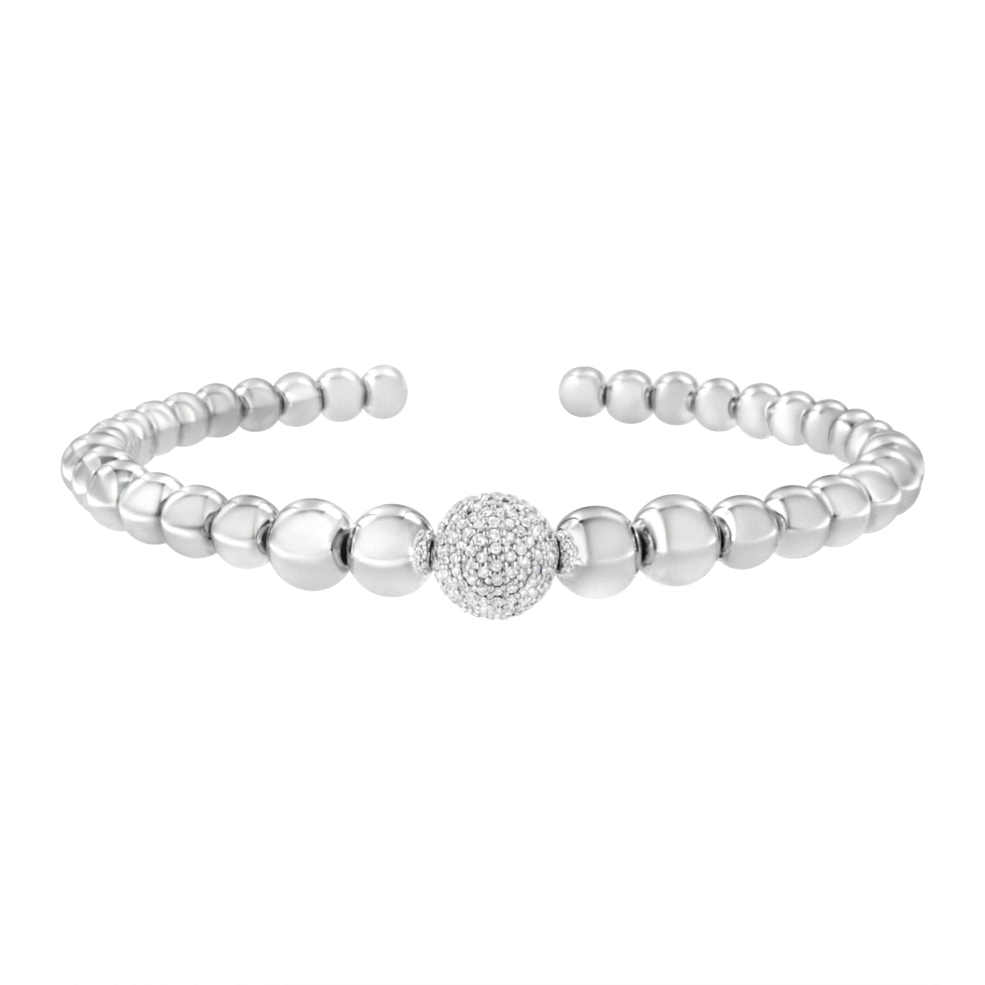 .925 Sterling Silver 1/6 Cttw Diamond Rondelle Graduated Ball Bead Cuff Bangle Bracelet (I-J color, I2-I3 clarity) - Fits wrists up to 7 1/2 inches Bids.com