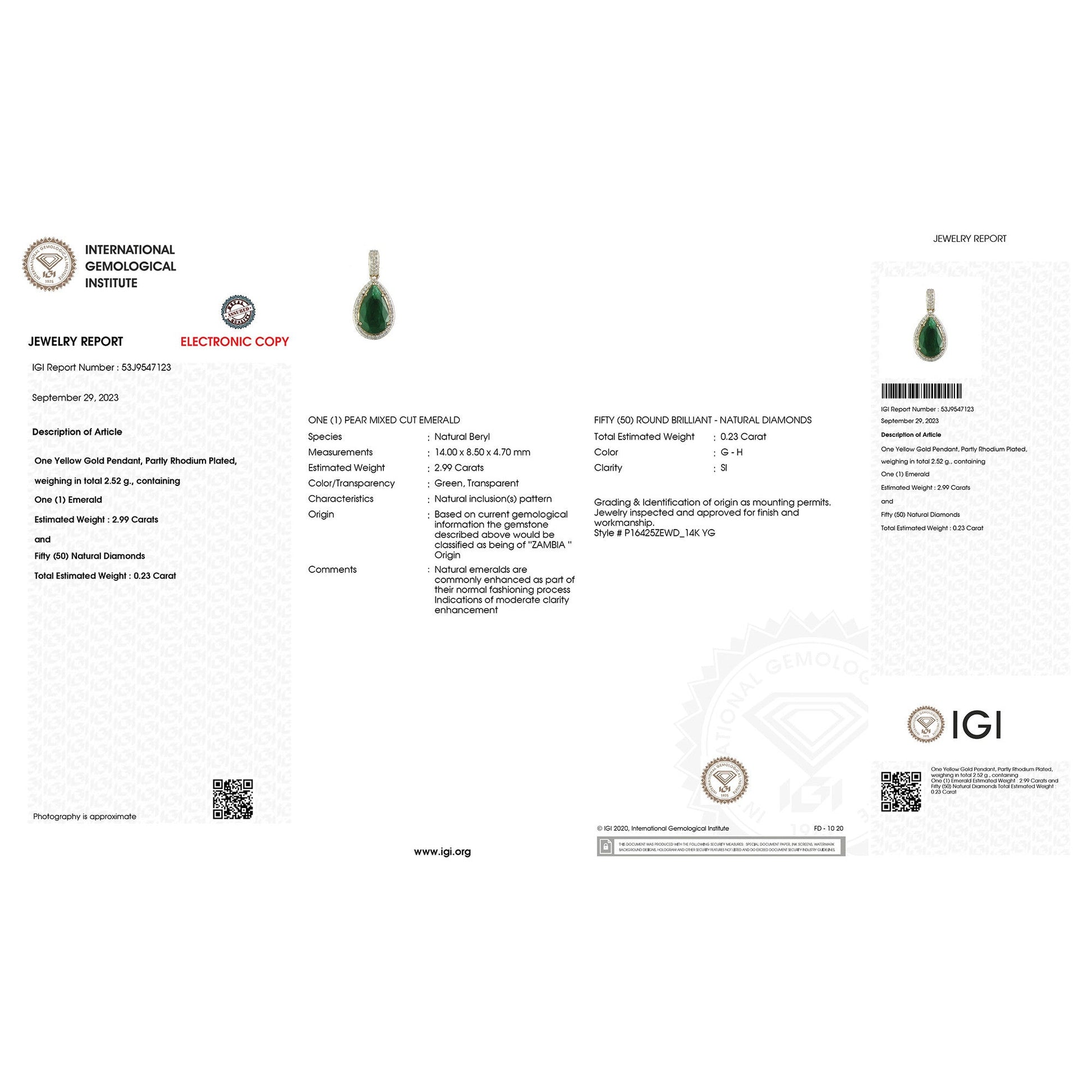 IGI Certified 3.22 Carat Genuine Zambian Emerald and White Diamond 14K Yellow Gold Pendant Bids.com