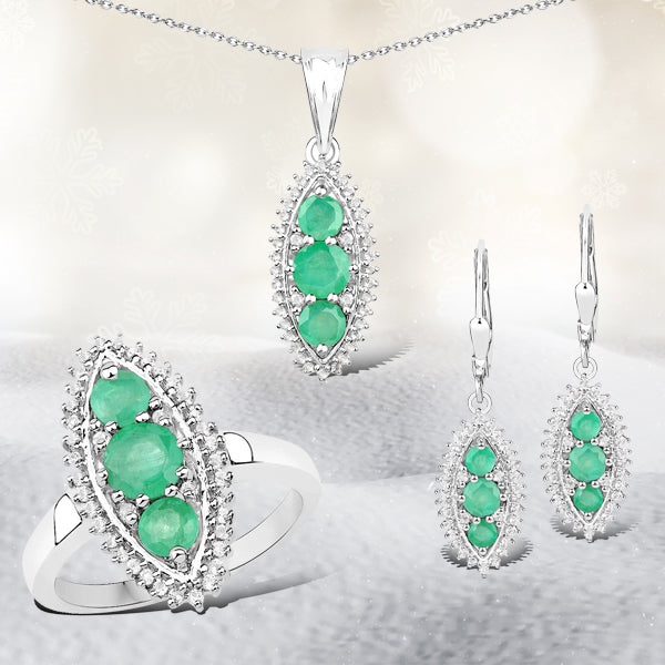 3.52 Carat Genuine Zambian Emerald and White Topaz .925 Sterling Silver 3 Piece Jewelry Set (Ring, Earrings, and Pendant w/ Chain) Bids.com