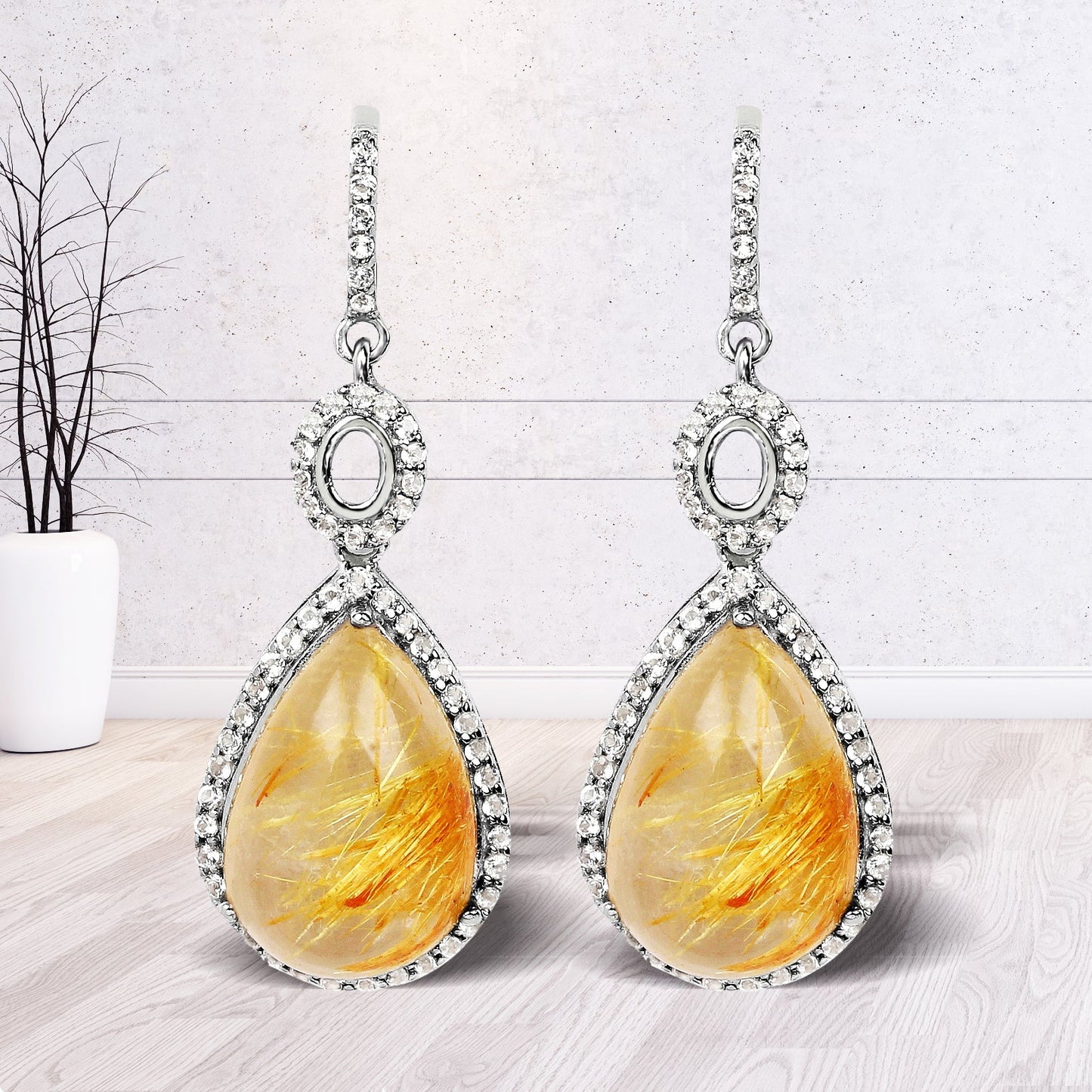 10.04 Carat Genuine Golden Rutile And White Topaz .925 Sterling Silver Earrings Bids.com
