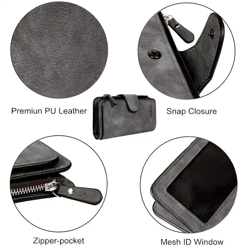 Vintage Faux Leather Long Wallet – Trifold Credit Card Holder with Snap & Zipper DailySale