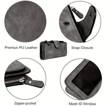 Vintage Faux Leather Long Wallet – Trifold Credit Card Holder with Snap & Zipper DailySale