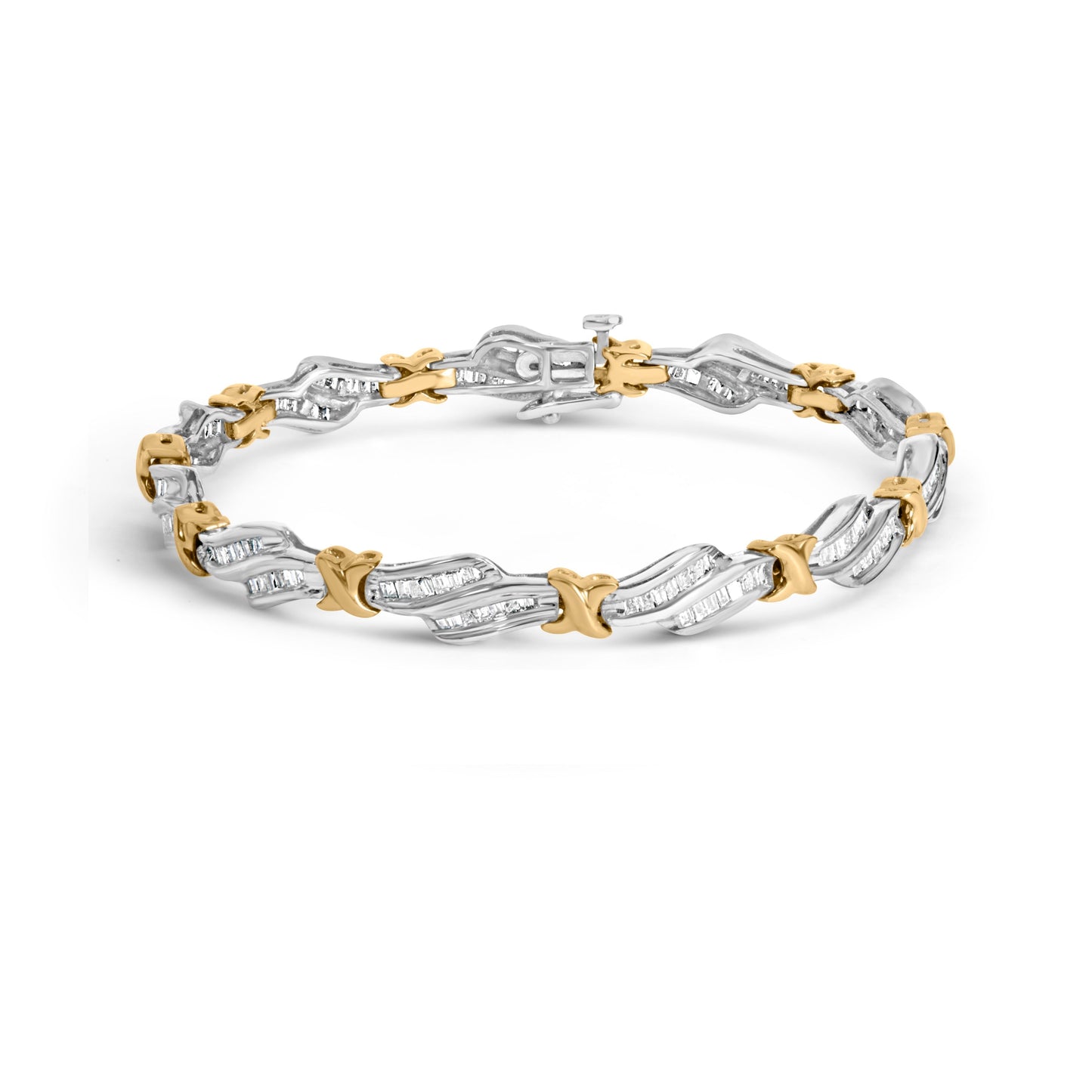 10k Two-Toned Gold 2.00 Cttw Channel Set Baguette-Diamond Weave and  "X" Spiral Link Bracelet (H-I Color, I1-I2 Clarity) - 7" Bids.com
