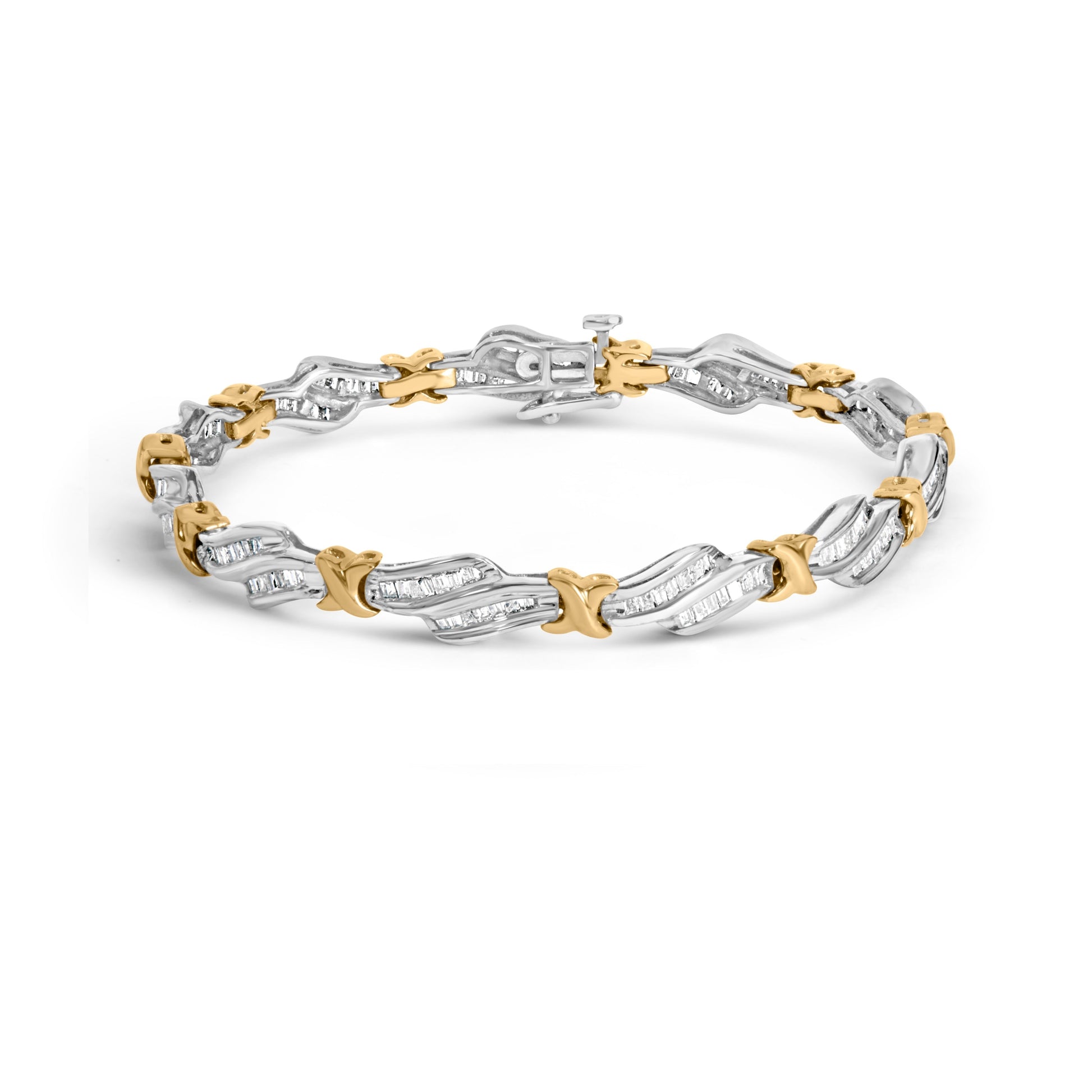10k Two-Toned Gold 2.00 Cttw Channel Set Baguette-Diamond Weave and  "X" Spiral Link Bracelet (H-I Color, I1-I2 Clarity) - 7" Bids.com