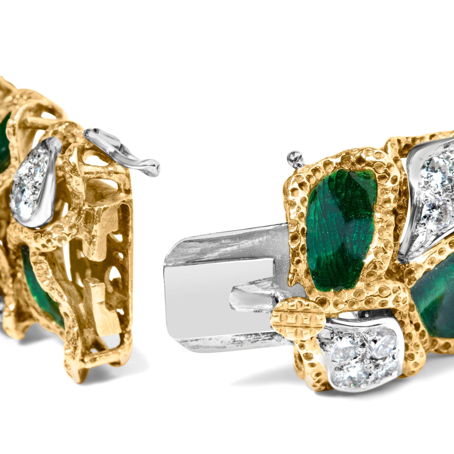 18K Yellow Gold 3 1/4 Cttw Diamond and Green Enamel Gold Textured Bracelet (G-H Color, VS1-VS2 Clarity) - 7" Inches Bids.com