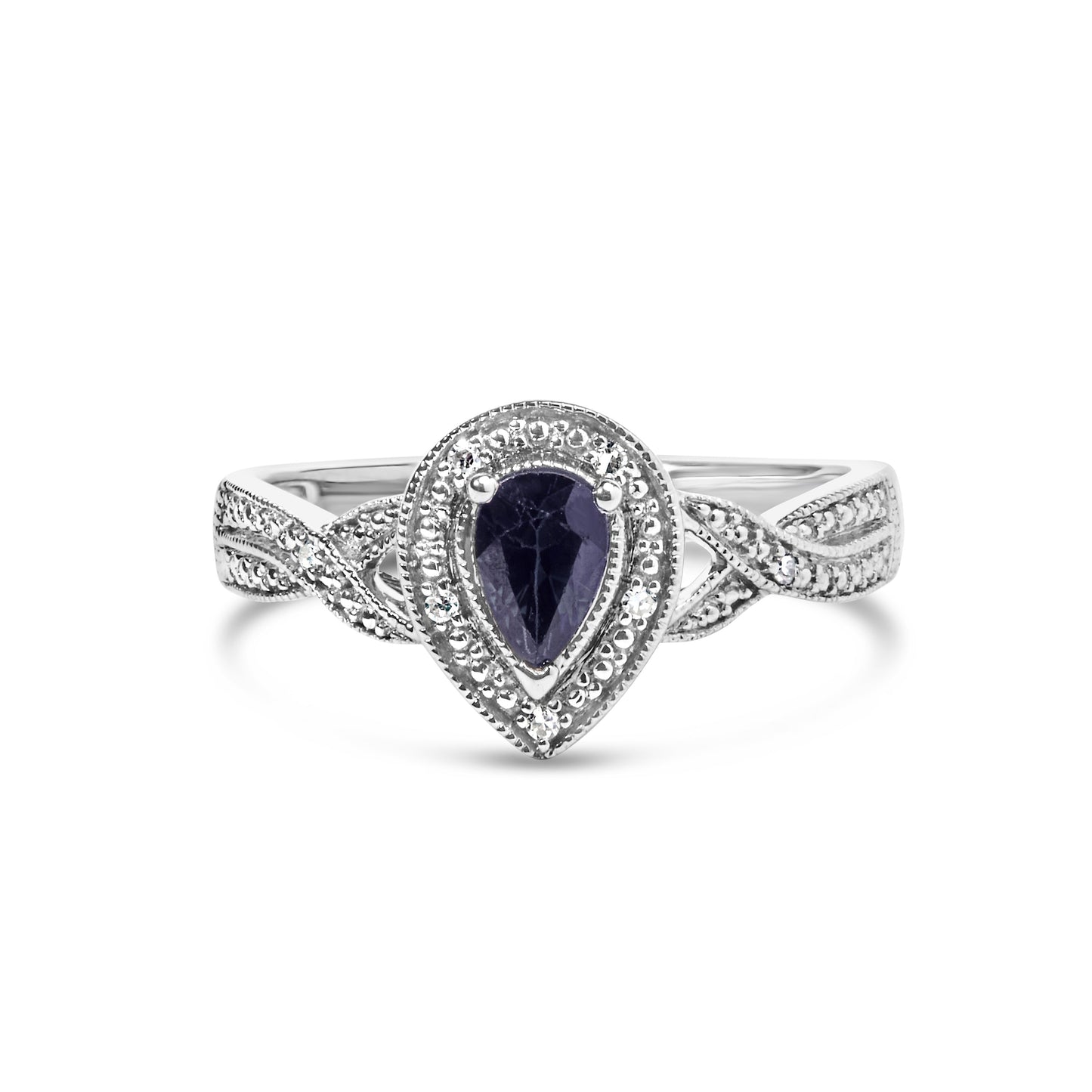 .925 Sterling Silver 6x4mm Pear Sapphire Gemstone with Diamond Accent Fashion Halo Ring (H-I Color, SI1-SI2 Clarity) - Size 7.5 Bids.com