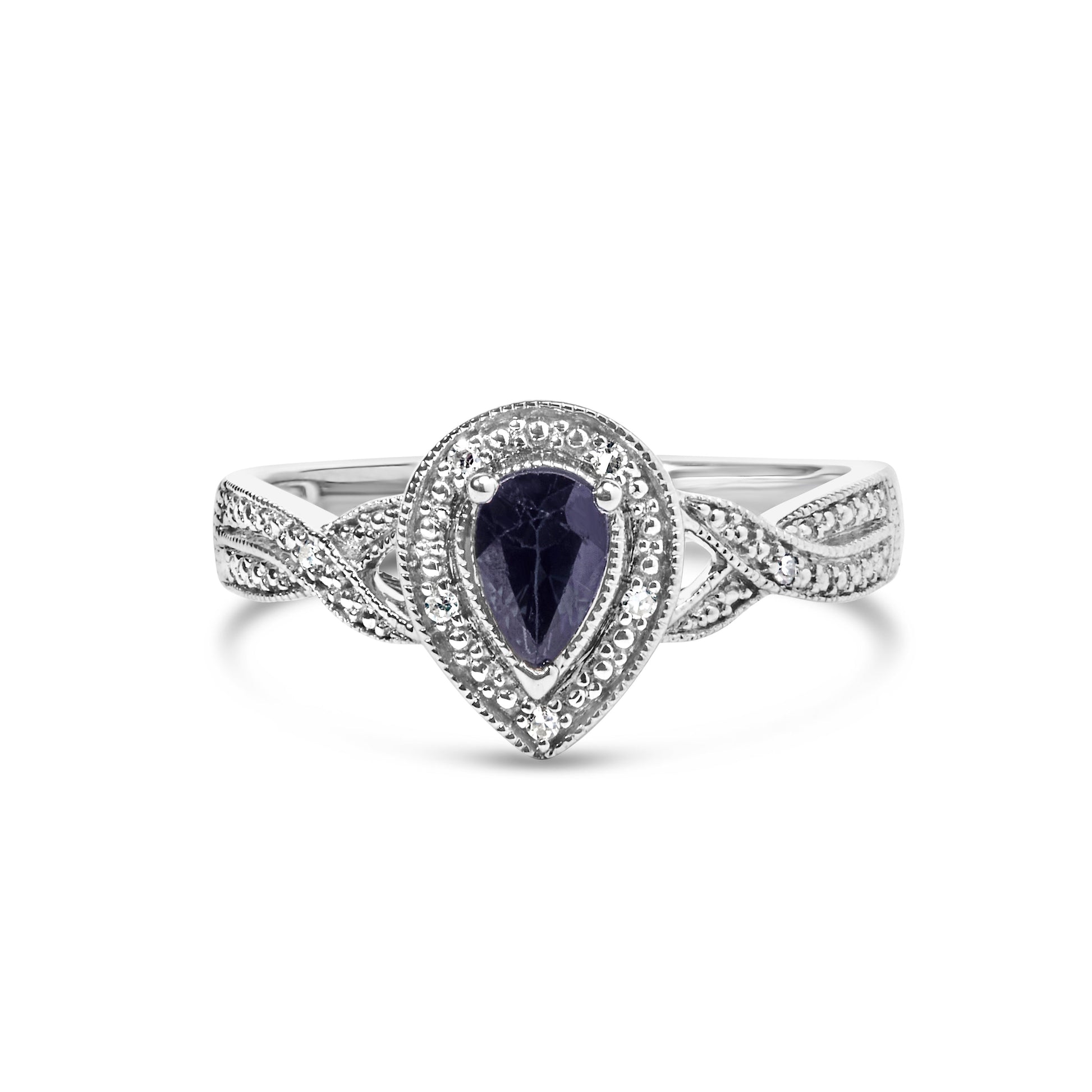 .925 Sterling Silver 6x4mm Pear Sapphire Gemstone with Diamond Accent Fashion Halo Ring (H-I Color, SI1-SI2 Clarity) - Size 7.5 Bids.com
