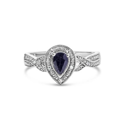 .925 Sterling Silver 6x4mm Pear Sapphire Gemstone with Diamond Accent Fashion Halo Ring (H-I Color, SI1-SI2 Clarity) - Size 7.5 Bids.com