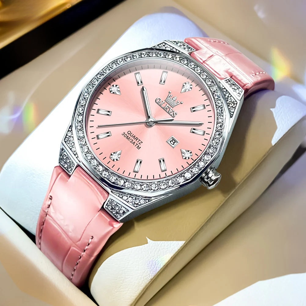 Women's Leather Strap Crystal Bezel Watch Rose Gold Luxury BandsCo Straps