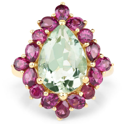 14K Yellow Gold Plated 7.21 Carat Genuine Green Amethyst and Rhodolite .925 Sterling Silver Ring Bids.com