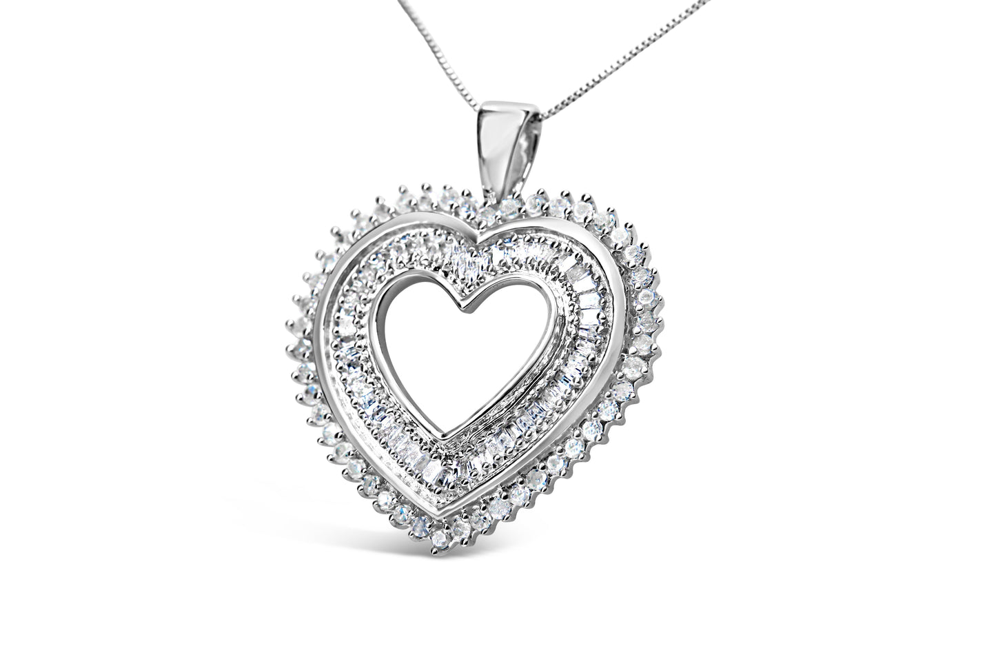 .925 Sterling Silver 1.0 Cttw Baguette and Round Diamond  Heart Pendant 18" Necklace (H-I Color, I3 Clarity) Bids.com