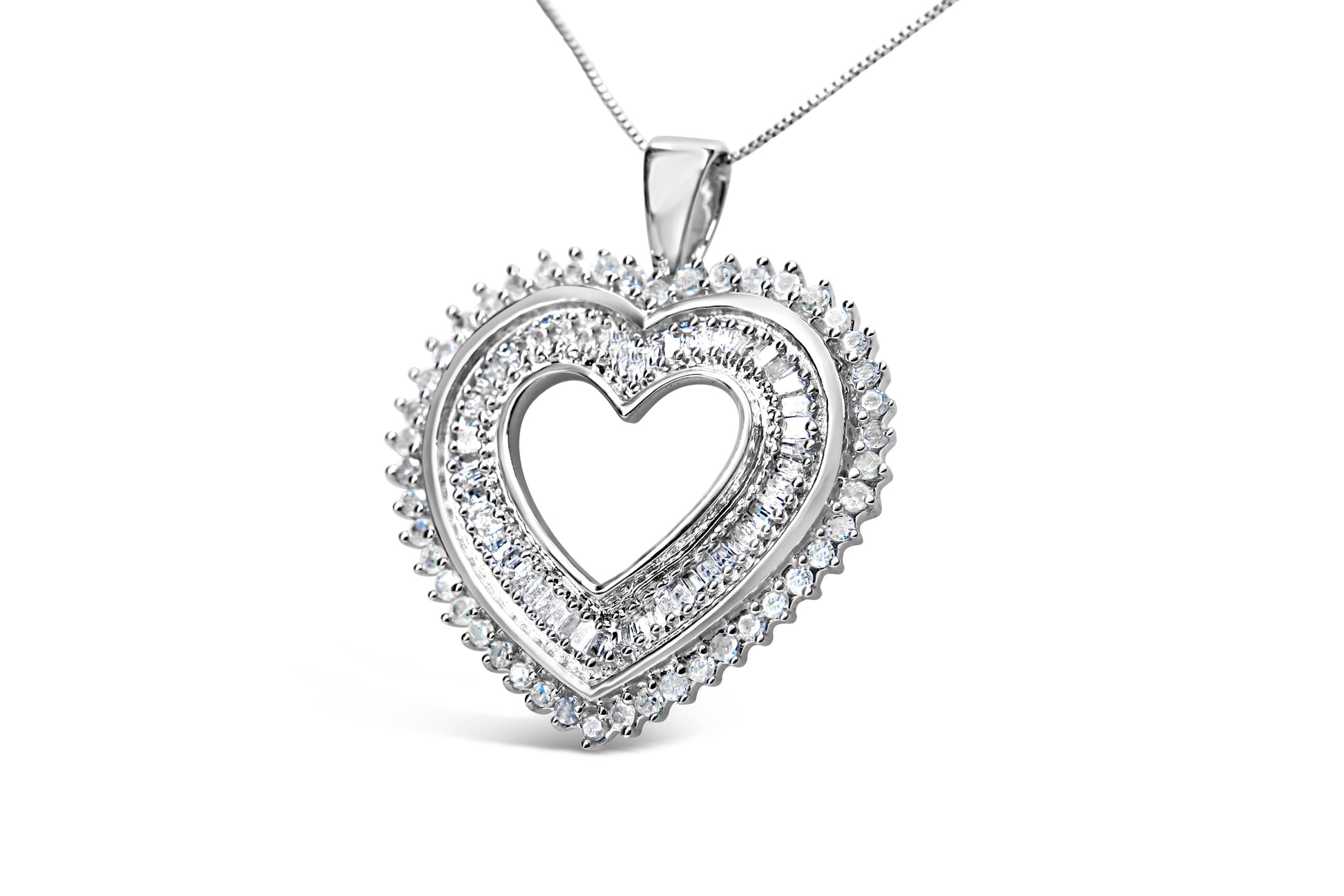 .925 Sterling Silver 1.0 Cttw Baguette and Round Diamond  Heart Pendant 18" Necklace (H-I Color, I3 Clarity) Bids.com