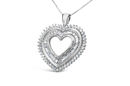 .925 Sterling Silver 1.0 Cttw Baguette and Round Diamond  Heart Pendant 18" Necklace (H-I Color, I3 Clarity) Bids.com
