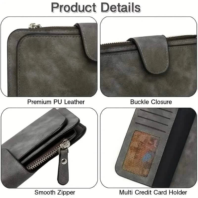 Vintage Faux Leather Long Wallet – Trifold Credit Card Holder with Snap & Zipper DailySale