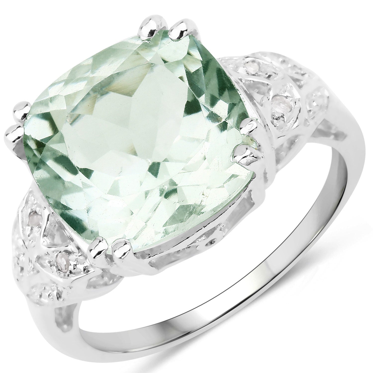 5.52 Carat Genuine Green Amethyst and White Diamond .925 Sterling Silver Ring Bids.com