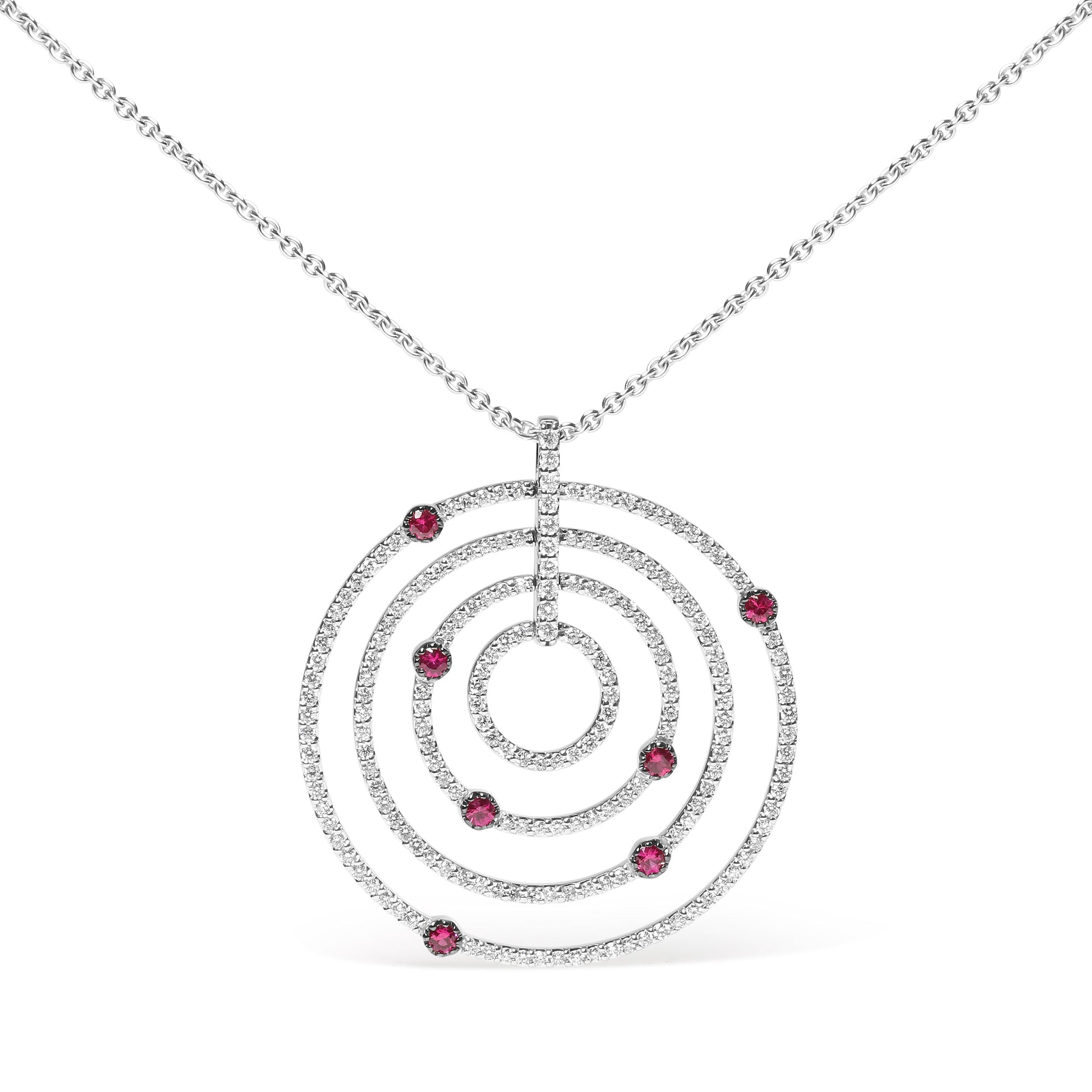 18K White Gold 2 1/6 Cttw Pave Set Diamonds and Red Ruby Openwork Circles 18" Pendant Necklace  (G-H Color, SI2-I1 Clarity) - Adjustable up to 16" - 18" Bids.com
