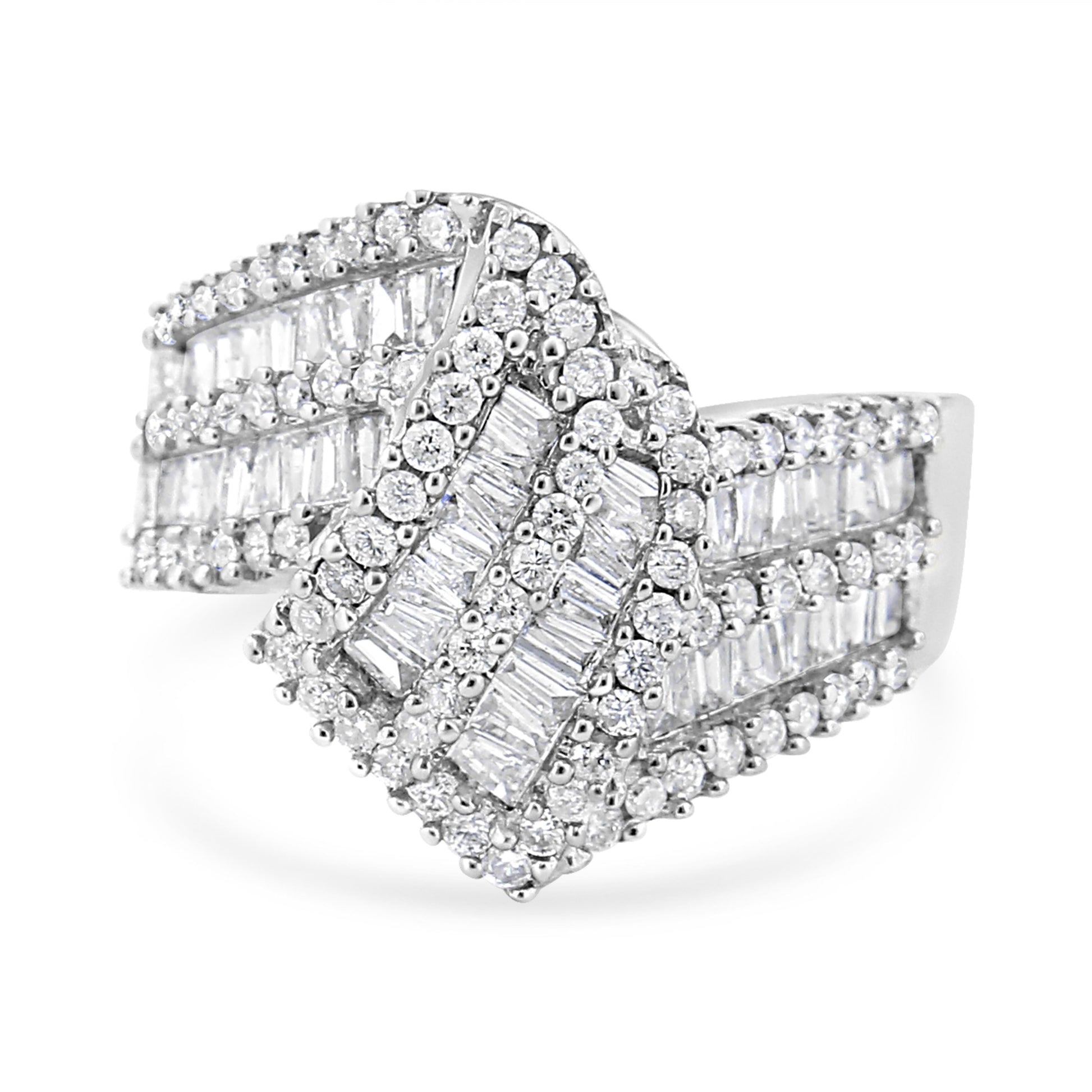 14K White Gold 1-1/2 Cttw Round and Baguette Diamond Bypass Cocktail Ring Band (H-I Color, SI1-SI2 Clarity) - Size 7 Bids.com