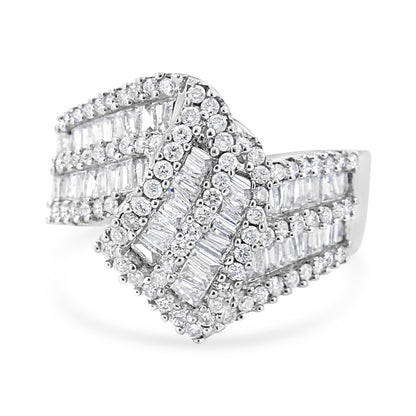 14K White Gold 1-1/2 Cttw Round and Baguette Diamond Bypass Cocktail Ring Band (H-I Color, SI1-SI2 Clarity) - Size 7 Bids.com