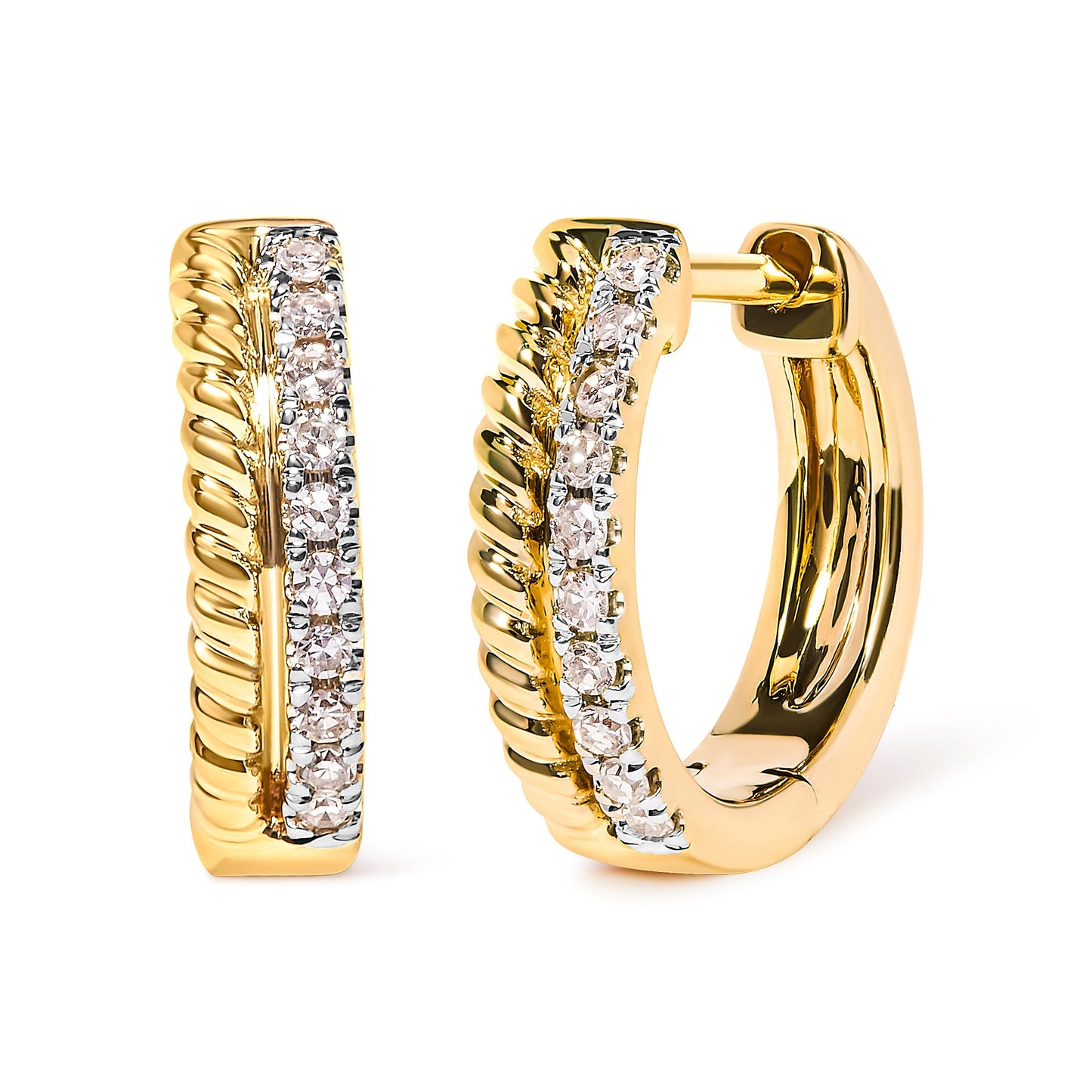 10K Yellow Gold 1/10 Cttw Diamond and Rope Twist Huggy Hoop Earrings (H-I Color, I1-I2 Clarity) Bids.com