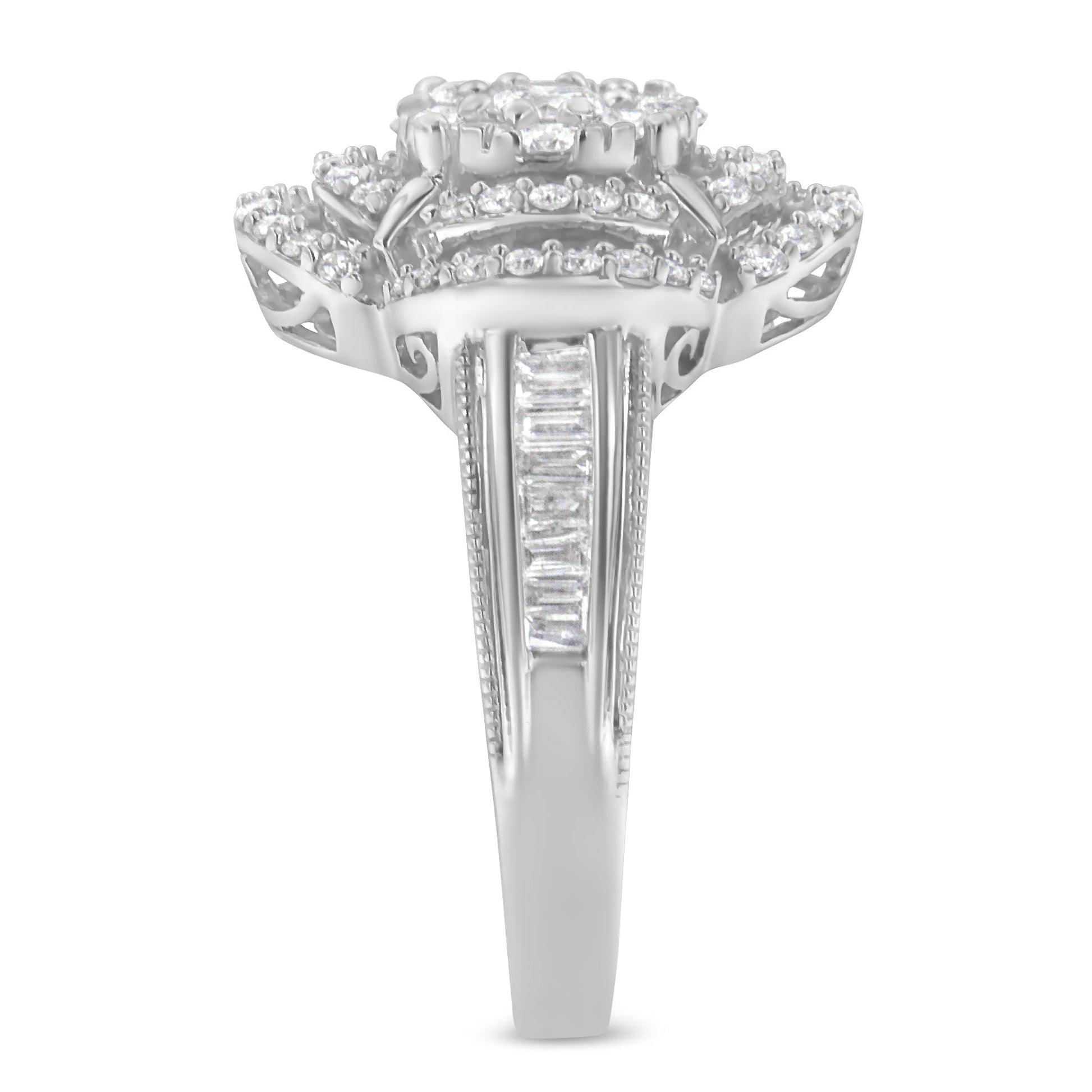 14K White Gold 1.0 Cttw Round & Baguette Cut Diamond Floral Cluster Quatrefoil Channel Set Band Cocktail Statement Ring (H-I Color, SI2-I1 Clarity) - Size 6-3/4 Bids.com