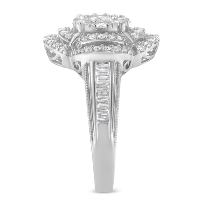 14K White Gold 1.0 Cttw Round & Baguette Cut Diamond Floral Cluster Quatrefoil Channel Set Band Cocktail Statement Ring (H-I Color, SI2-I1 Clarity) - Size 6-3/4 Bids.com