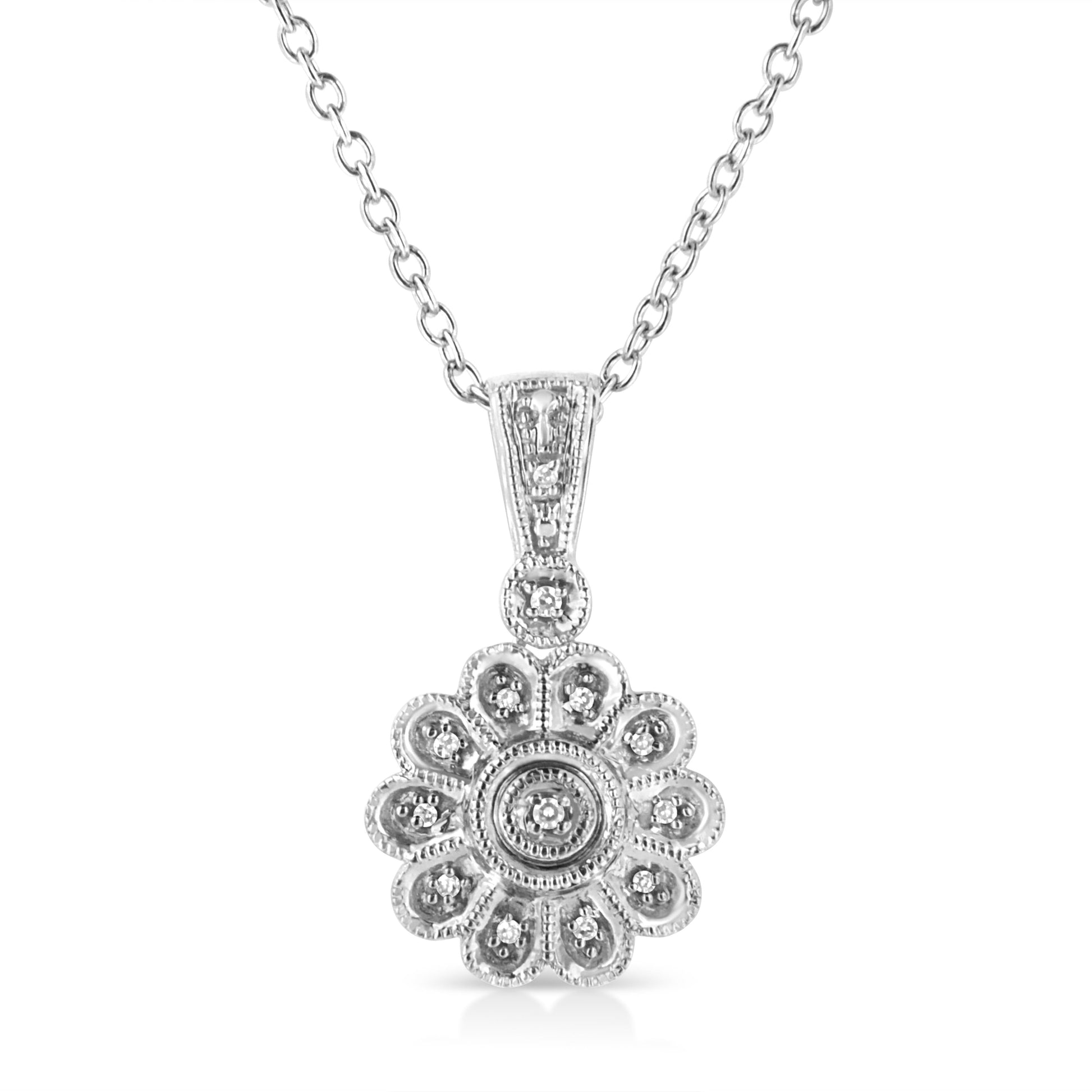 .925 Sterling Silver Diamond Accent Sunburst Milgrain 18" Pendant Necklace (I-J Color, I1-I2 Clarity) Bids.com
