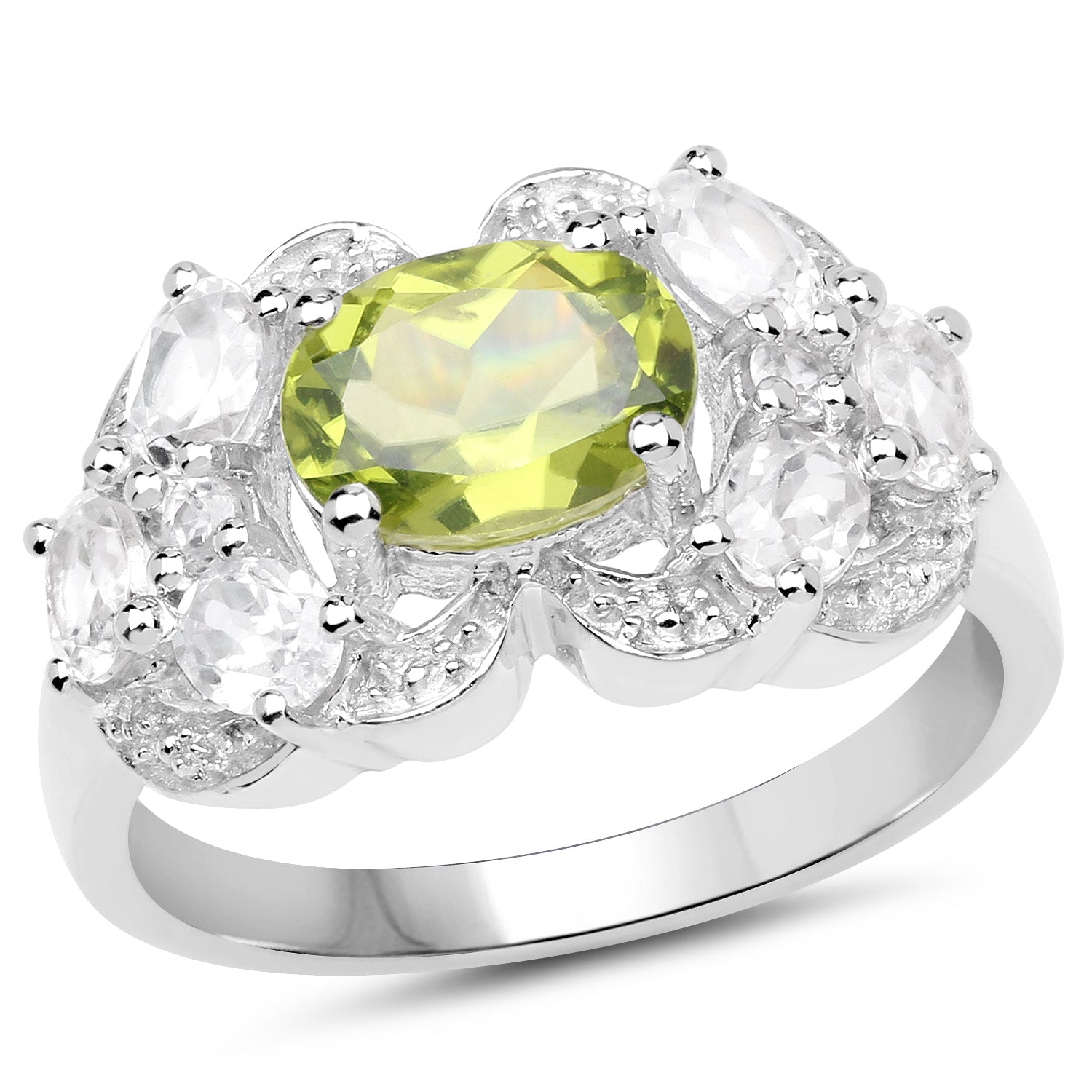 2.70 Carat Genuine Peridot and White Zircon .925 Sterling Silver Ring Bids.com