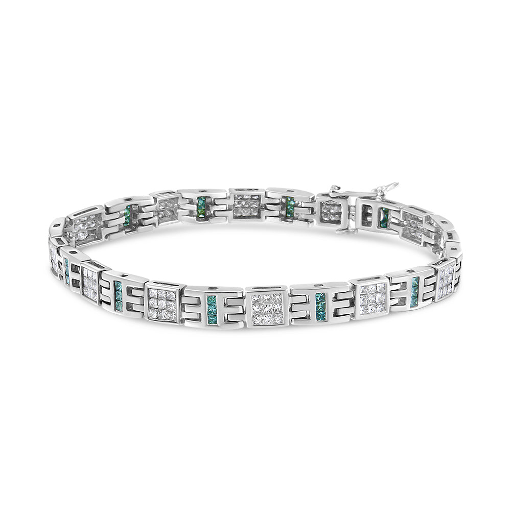 14K White Gold Princess-Cut white and Blue Diamond 3.00 cttw Fashion Link Bracelet (H-I Color, SI1-SI2 Clarity) Bids.com