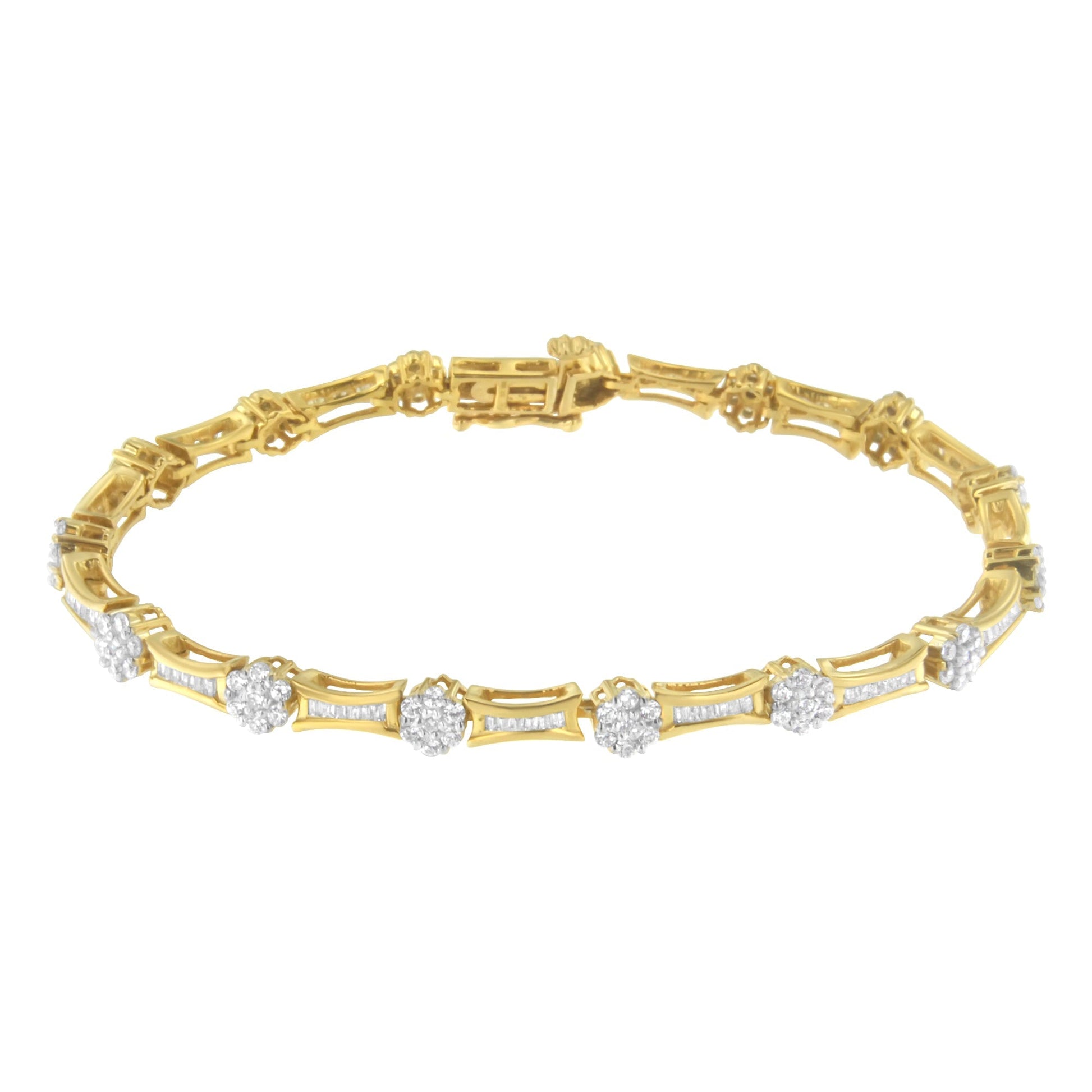 10K Yellow and White Gold 2.00 cttw Round and Baguette-Cut Diamond Link Bracelet (I-J Color, I2-I3 Clarity) - Size 7.25" Bids.com