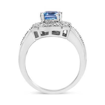 .925 Sterling Silver Diamond Accent and 8X6 mm Emerald-Shape Blue Topaz Ring (I-J Color, I2-I3 Clarity) - Ring Size 7 Bids.com