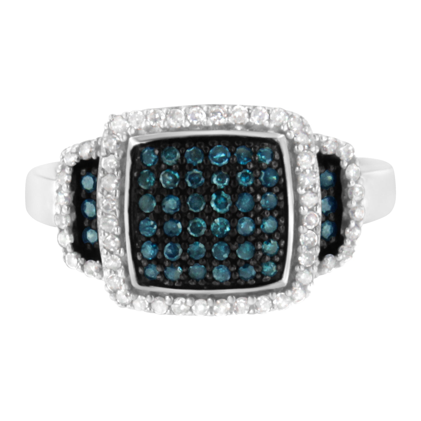 Black Rhodium Plated .925 Sterling Silver 1/2 Cttw White & Blue Diamond Square Halo Cocktail Ring (Fancy Blue & H-I Color, I2-I3 Clarity) - SIze 6 Bids.com