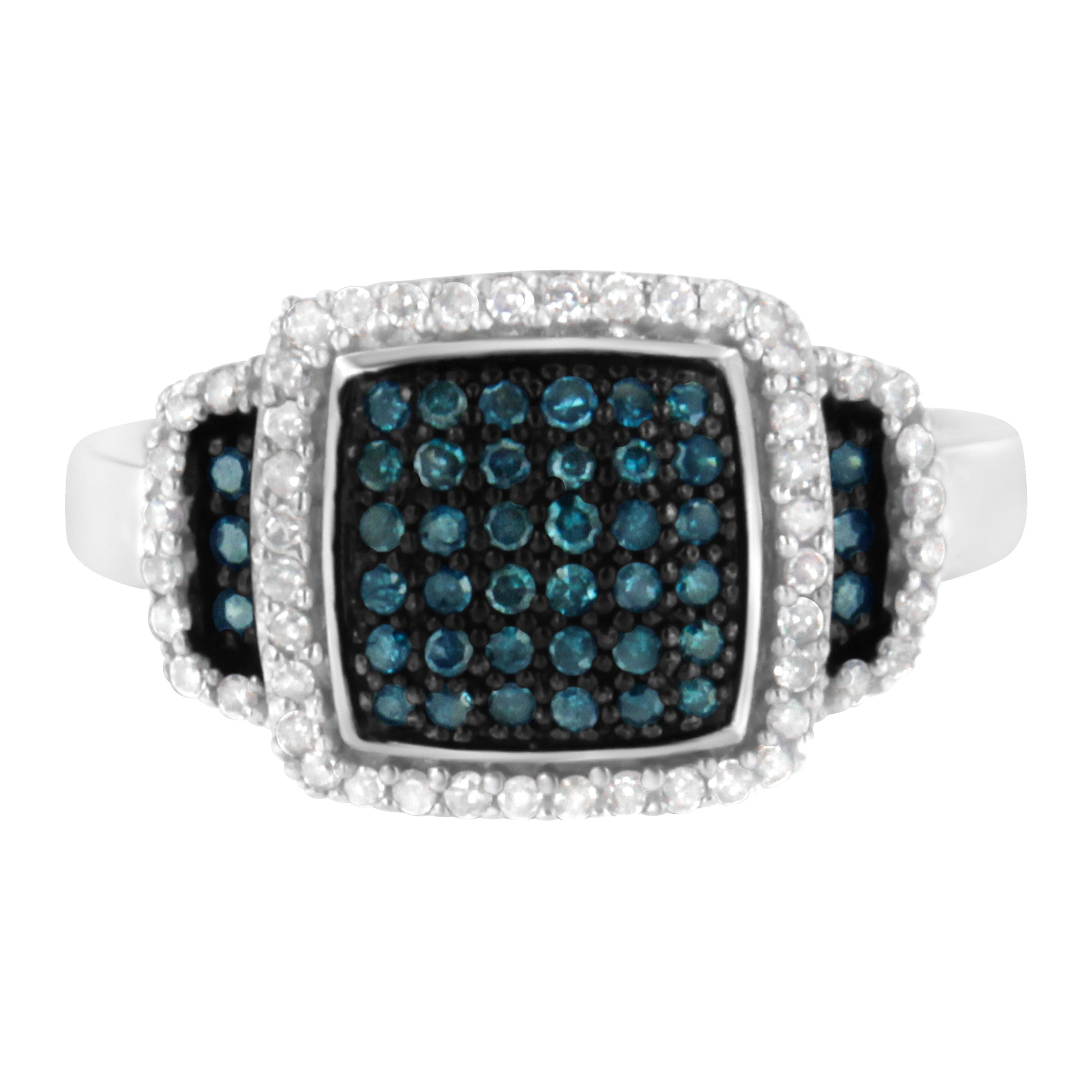 Black Rhodium Plated .925 Sterling Silver 1/2 Cttw White & Blue Diamond Square Halo Cocktail Ring (Fancy Blue & H-I Color, I2-I3 Clarity) - SIze 6 Bids.com