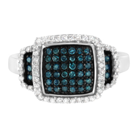 Black Rhodium Plated .925 Sterling Silver 1/2 Cttw White & Blue Diamond Square Halo Cocktail Ring (Fancy Blue & H-I Color, I2-I3 Clarity) - SIze 6 Bids.com