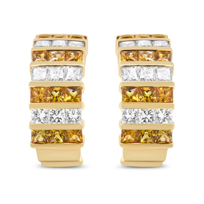 18K Yellow Gold 1 3/4 Cttw Invisible Set Princess Cut Diamond and 2.5mm Yellow Sapphire Huggie Hoop Earrings (F-G Color, VS1-VS2 Clarity) Bids.com