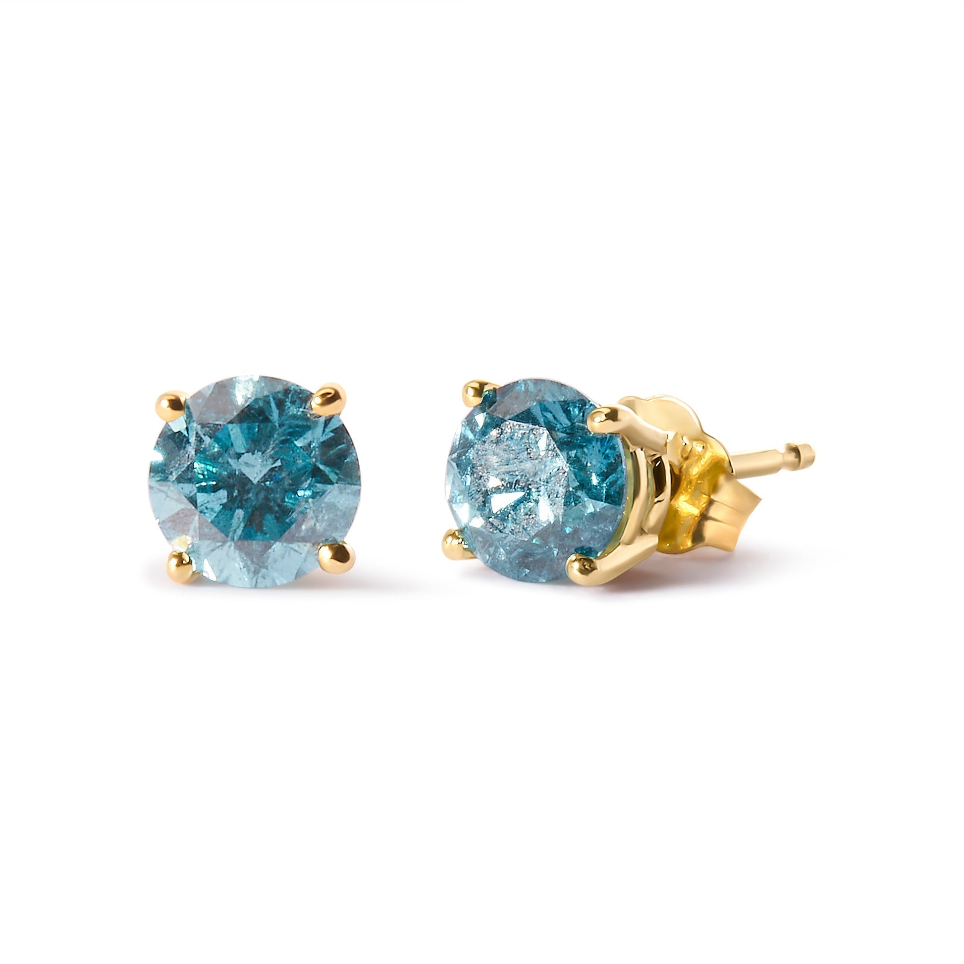 14K Yellow Gold 1.0 Cttw Treated Aqua Blue Diamond Classic Solitaire Stud Earrings (Aqua Blue Color, I2-I3 Clarity) Bids.com
