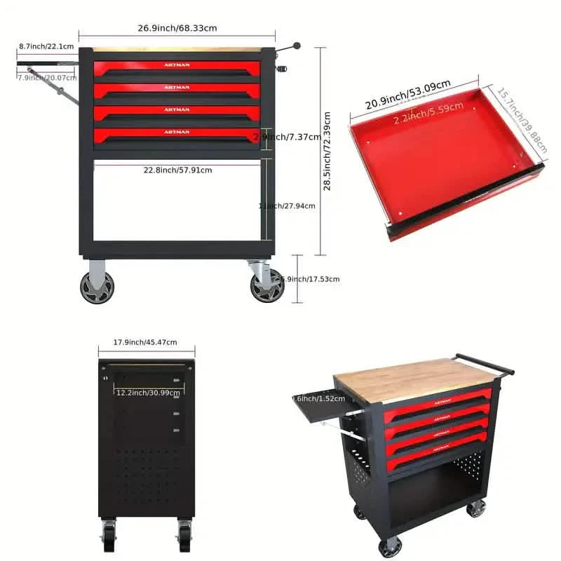 4 Drawers Multifunctional Tool Cart With Wheels And Wooden Top DailySale