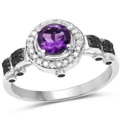 1.02 Carat Genuine Amethyst, Black Diamond & White Diamond .925 Sterling Silver Ring Bids.com