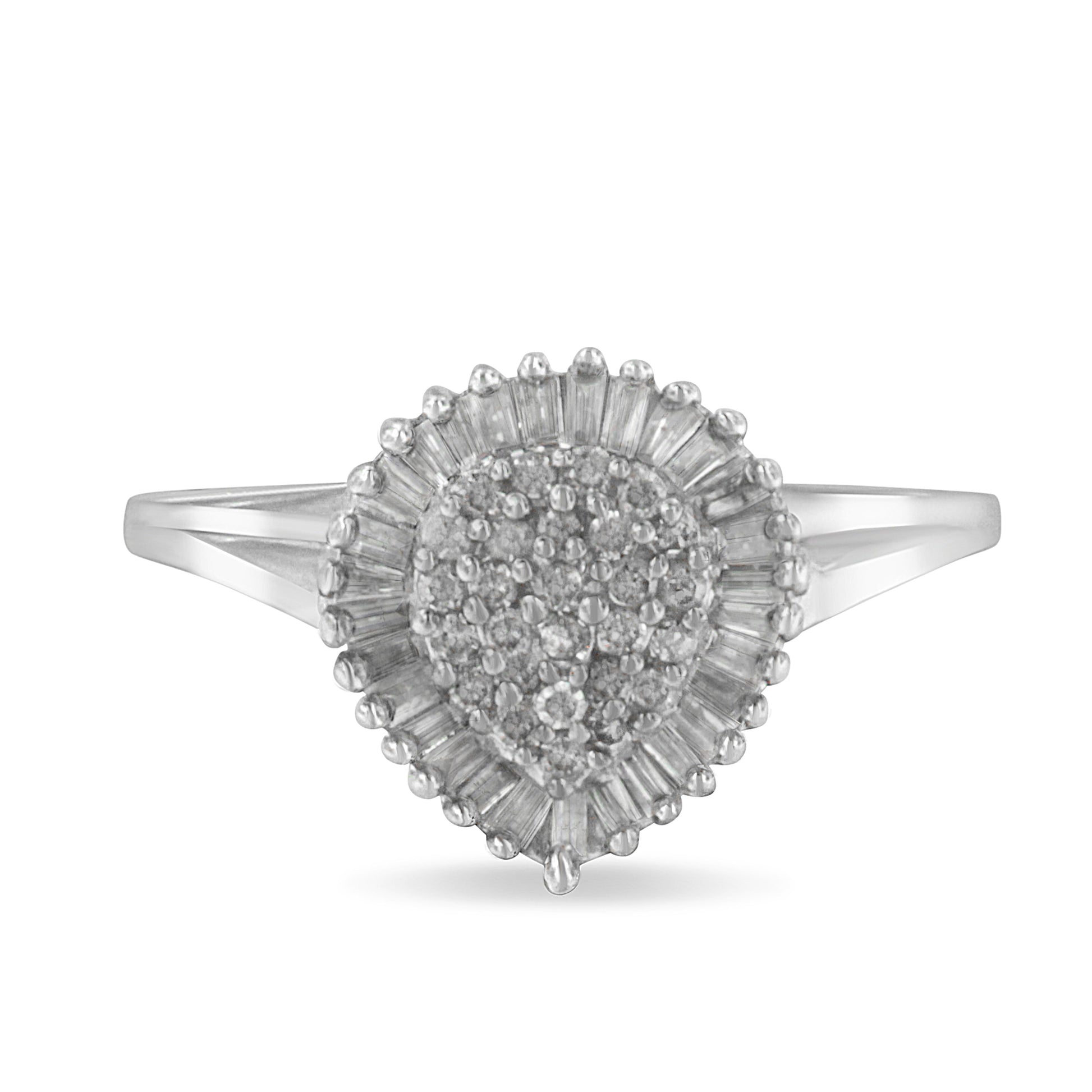 10K White Gold 1/2 Cttw Round & Baguette Cut Diamond Pear Shaped Domed PavÃ© Cluster with Halo Cocktail Ring (H-I Color, SI1-SI2 Clarity) - Size 5 Bids.com