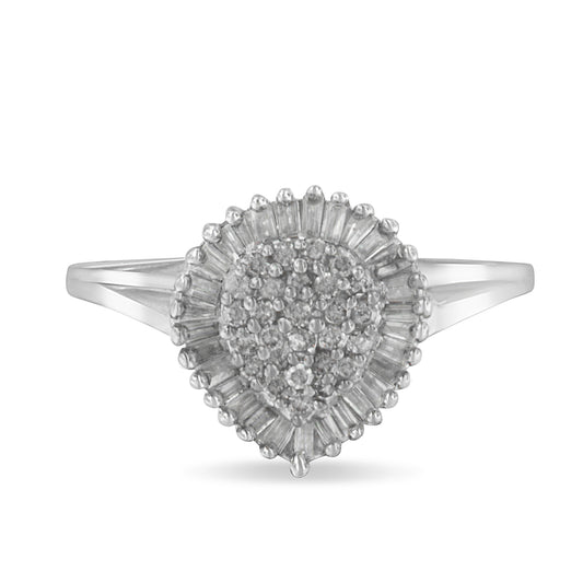 10K White Gold 1/2 Cttw Round & Baguette Cut Diamond Pear Shaped Domed PavÃ© Cluster with Halo Cocktail Ring (H-I Color, SI1-SI2 Clarity) - Size 5 Bids.com