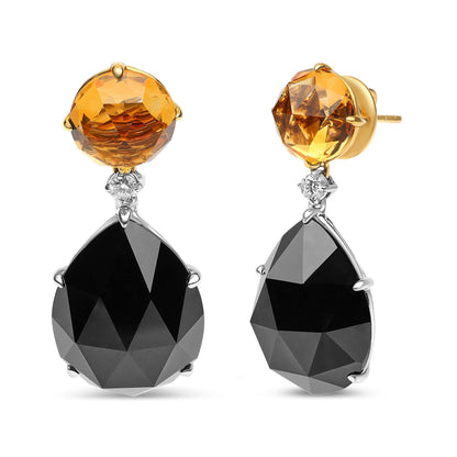 18K White and Yellow Gold 1/5 Cttw Diamond with Round Yellow Citrine and 20x15mm Pear Cut Black Onyx Gemstone Dangle Earring (G-H Color, SI1-SI2 Clarity) Bids.com