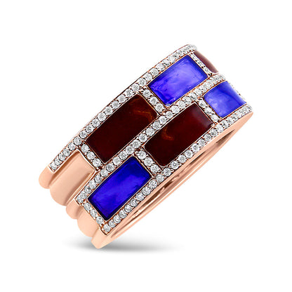 18K Rose Gold Alternating Red and Blue Enamel and 1/2 Cttw Diamond Studded Band Ring (F-G Color, VS1-VS2 Clarity) - Ring Size 7 Bids.com