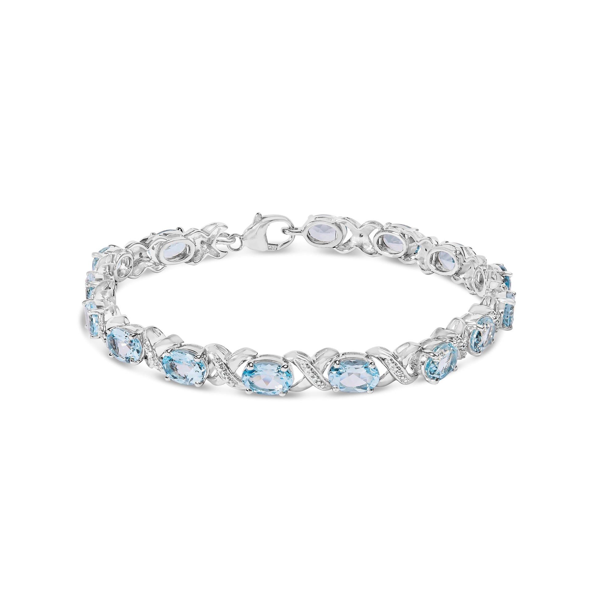 .925 Sterling Silver 16.0 Cttw Oval Blue Topaz and Diamond Accent Tennis X Link Bracelet (I-J Color, I1-I2 Clarity) - Size 7" Inch Bids.com