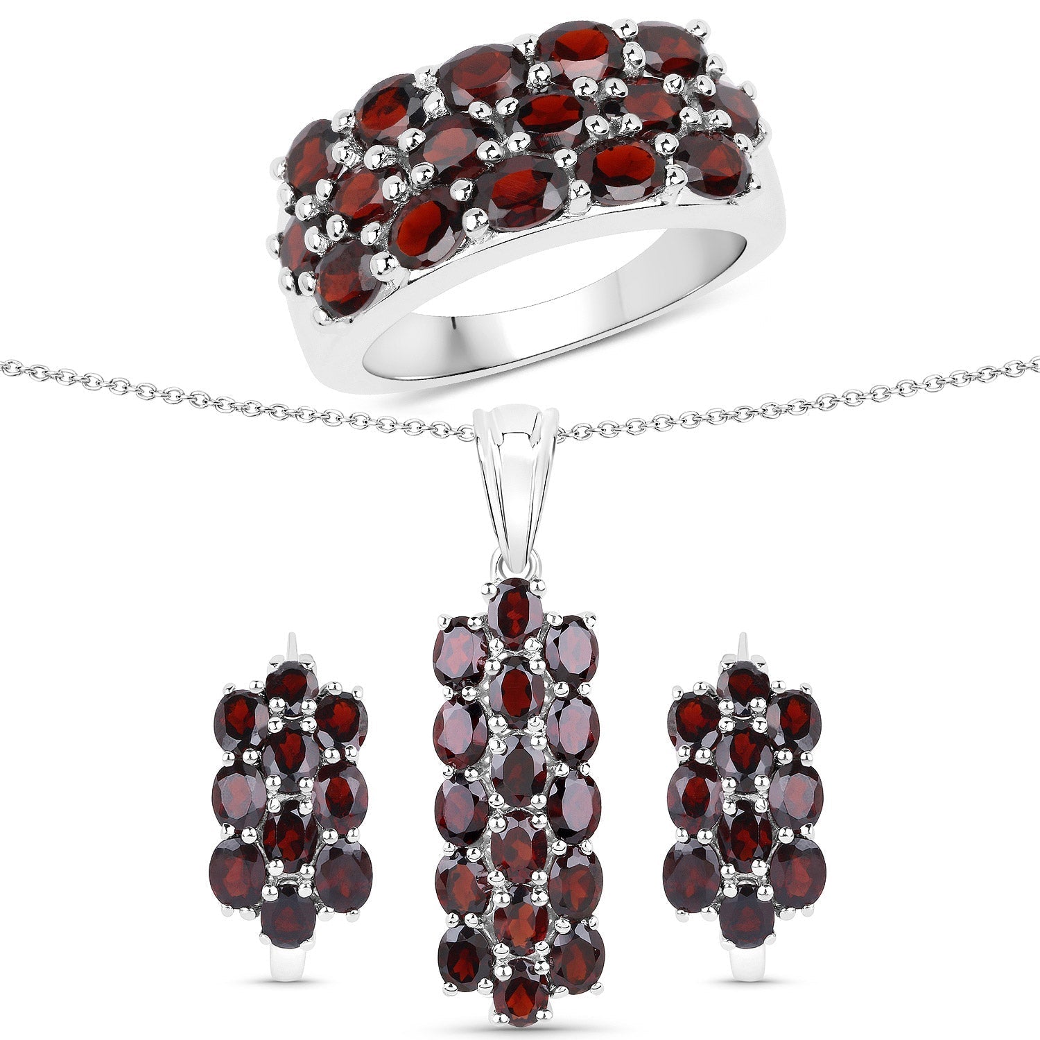 10.40 Carat Genuine Garnet .925 Sterling Silver 3 Piece Jewelry Set (Ring, Earrings, and Pendant w/ Chain) Bids.com