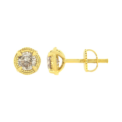 14K Yellow Gold Plated .925 Sterling Silver 1.0 Cttw Round Brilliant Cut Diamond Solitaire Milgrain Stud Earrings (K-L Color, I2-I3 Clarity) Bids.com
